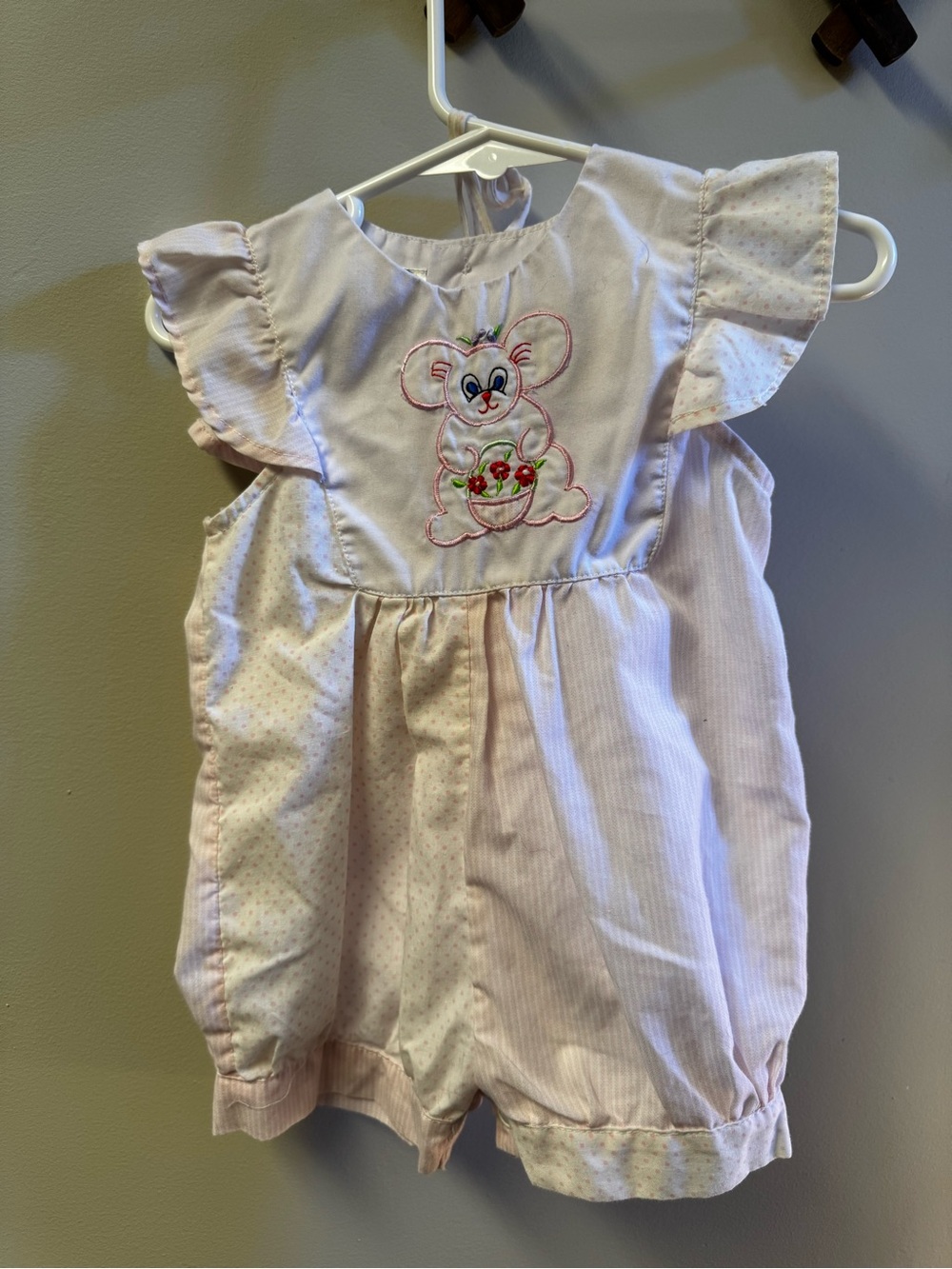 Vintage Pink Embroidered Mouse Romper